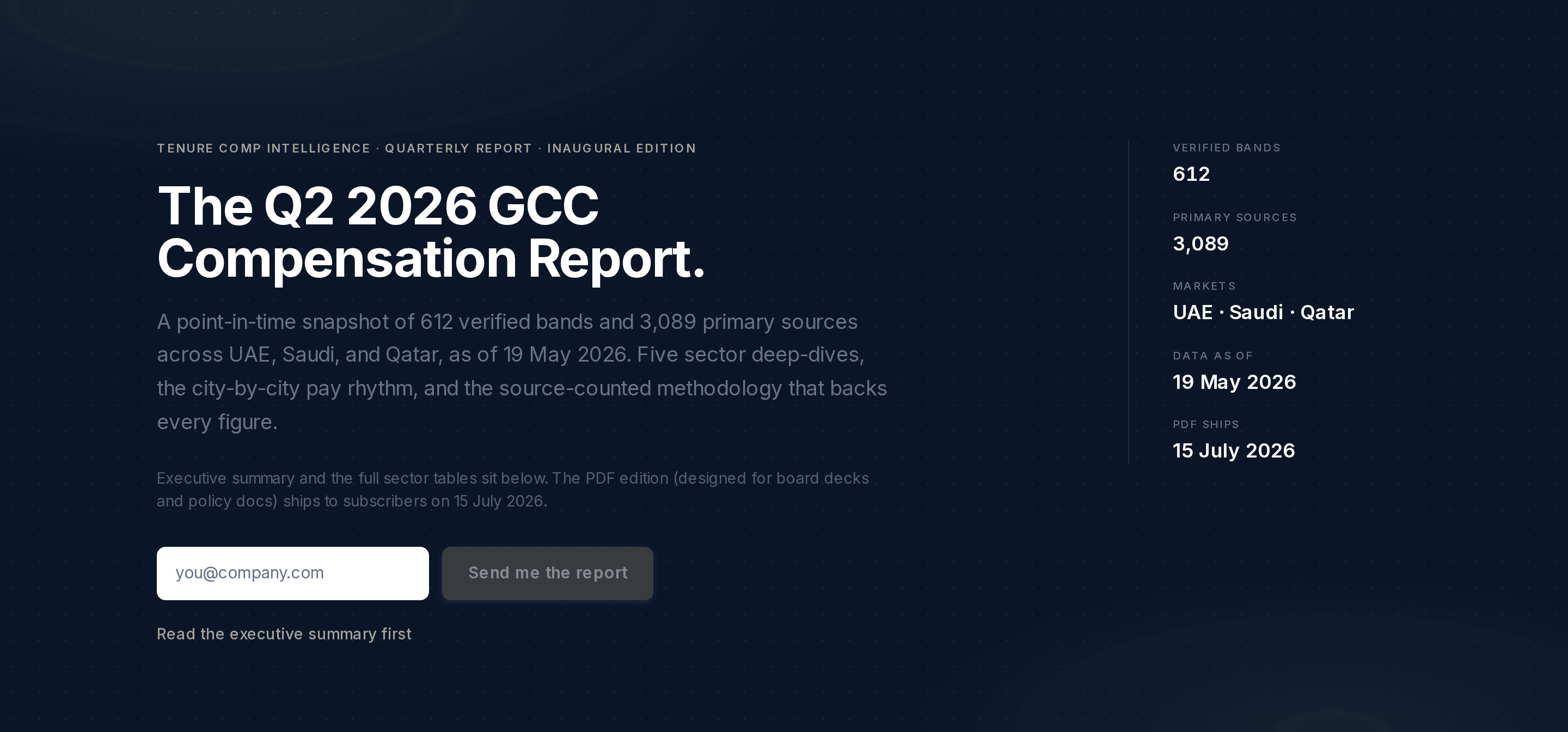 The Tenure Q2 2026 GCC Compensation Report landing page, showing 581 verified bands, 2,970 primary sources, and coverage of UAE and Saudi.